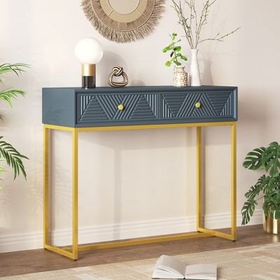 38"W Console Table Entry Table Entryway Table Accent Table Side Table with 2 Drawers, Adjustable Foot Pads and Stripe Design-ModernLuxe