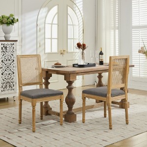 Gulches French Style Louis Dining Chairs Set of 2, Gray Square Rattan Backrest with Exquisitely Carved Solid Wood Frame, Comfort Linen Upholstery - 1 of 4