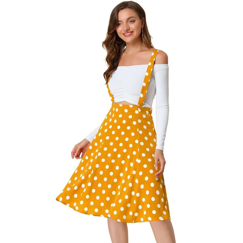 Allegra K Women's Vintage Polka Dots Midi Floral Suspender Skirt, 1 of 7