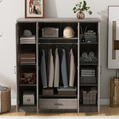 YOOCOZZ Modern 4-Door Freestanding Wardrobe with One Lockable Drawer and 2 Full-Length Mirrors