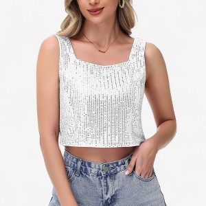 Anna-Kaci Women's Sequin Square Neck Tank Top with Sleeveless Design and Cropped Fit - 1 of 4