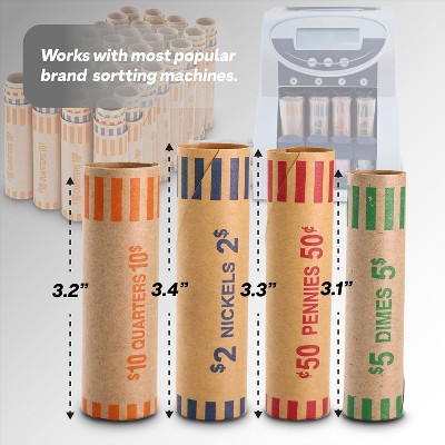 Coin Wrappers 128 PCS Assorted Preformed Coin Rolls Wrappers for Quarters, Pennies, Nickels & Dimes, Coin Wrappers for All Coins for Bank & Office