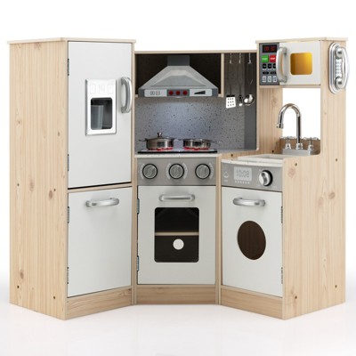 Infans Kids Corner Wooden Kitchen Playset Pretend Cooking Toy w/ Cookware Accessories