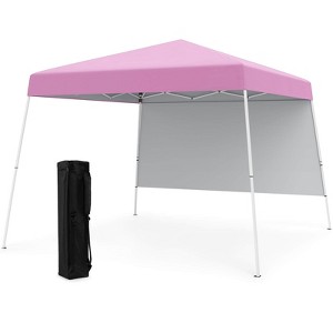 Costway 10 X 10FT Pop up Canopy Tent with 1 Sidewall, Portable Backpack, 4 Stakes Slant Leg Blue/White/Pinl/Gray - 1 of 4