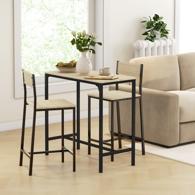 Oak and Black 3-Piece Industrial Pub Table Set with High-Back Stools