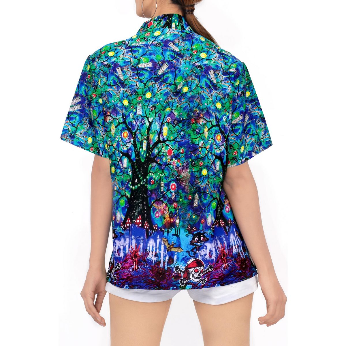 HAPPY BAY Women's Hawaiian Blouse Dresses Button Down Tops Dress Shirt Short Sleeve Halloween Costumes Vintage Shirts for Women XX-Large Blue, Ghost - thumbnail 2