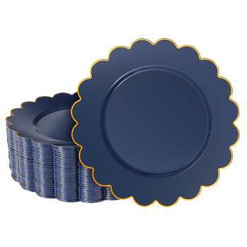 50 Pack Navy Blue Plastic Plates for Party, 9 Inch Disposable for Party Supplies, Wedding, Gold Foil Scalloped Edges