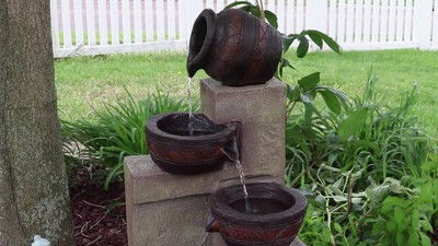 30-Inch Brown Polystone Solar Powered Cascading Water Fountain with LED Light