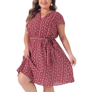 Agnes Orinda Women's Plus Size Casual Floral Tie Waist Short Sleeve Knee Length A Line Dresses - 1 of 4