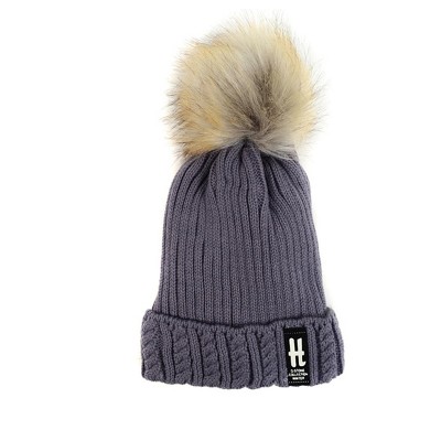 Kids Fur Pom Pom Knit Winter Beanie Ski Cap for Boys Girls