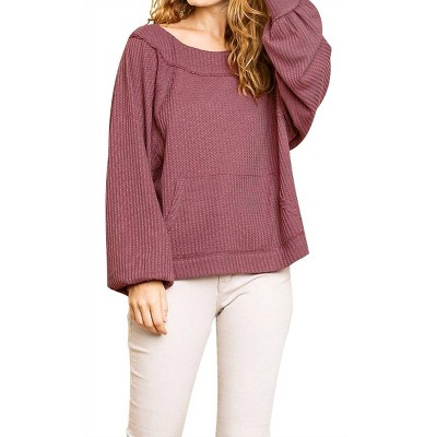 Women's Kangaroo Pocket Waffle Knit Top - umgee