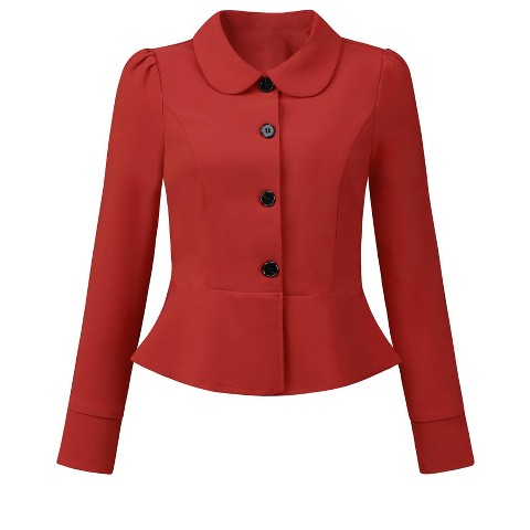 INSPIRE CHIC Women's Elegant Peter Pan Collar Long Sleeve Button Work Peplum Blazer Red Small
