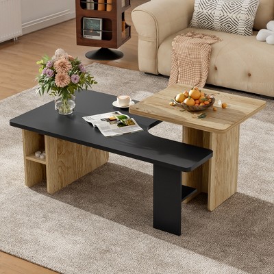 JUJABU Farmhouse Style Set of 2 Rectangular Nesting Coffee Tables with Wood Finish, for Living Room