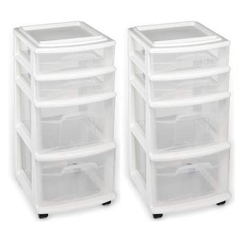 Homz Clear Plastic 4 Drawer Medium Home Storage Container Tower w/2 Large and 2 Small Drawers, and Removeable Caster Wheels, White Frame (2 Pack)