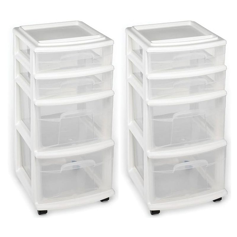 Homz Clear Plastic 4 Drawer Medium Home Storage Container Tower w/2 Large and 2 Small Drawers, and Removeable Caster Wheels, White Frame (2 Pack), 1 of 7