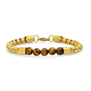 Steeltime Men's 18k gold plated stainless steel box chain and tiger eye beaded bracelet - 1 of 4