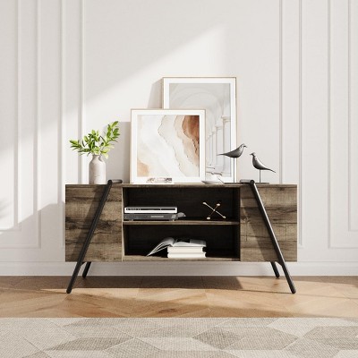 Industrial TV Stands, Wood Entertainment Center with Adjustable Open Shelves and U-Shaped Metal Legs
