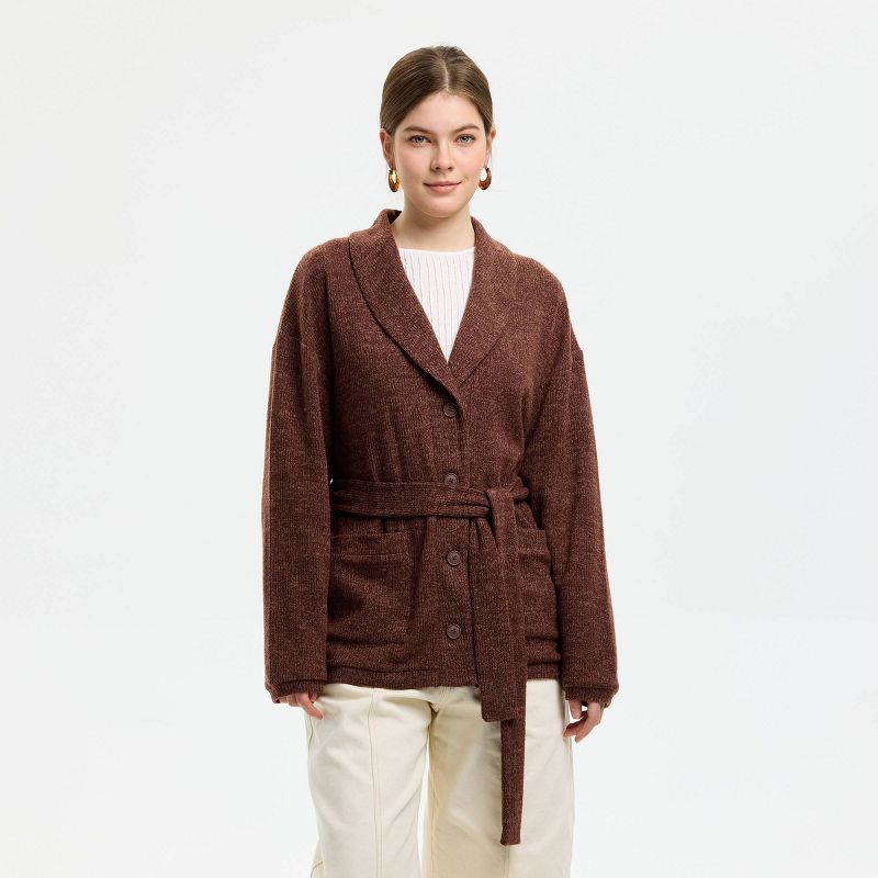 Women's Shawl Collar Belted Cardigan Sweater - Universal Thread™ Coffee XS