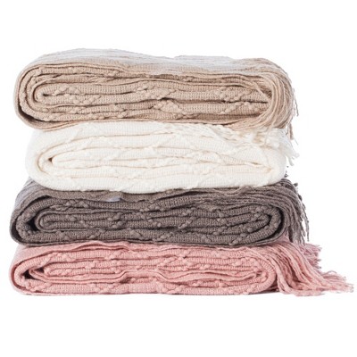 Khaki Knitted Throw Blanket Set with Fringe Edges, 50x60 in