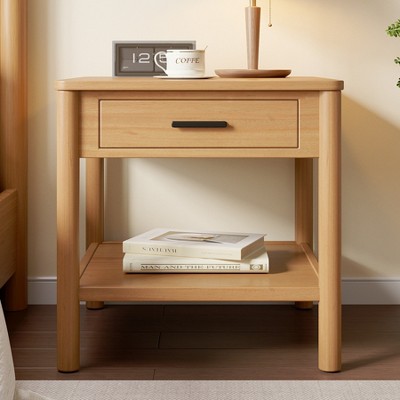 Modern Nightstand with Drawer, Wooden Sofa Side Table, Modern Small Bedside Table with Open Shelf, End Table for Living Room Bedroom
