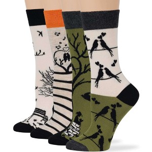 Women Cotton Calf Patterned Socks - 4 Pack - Coffee, Puppy, Flowers, Birds, Cat - Shoe Size 5-9 M, 8-12 L - Multicolors | 7BIGSTARS KINGDOM - 1 of 4
