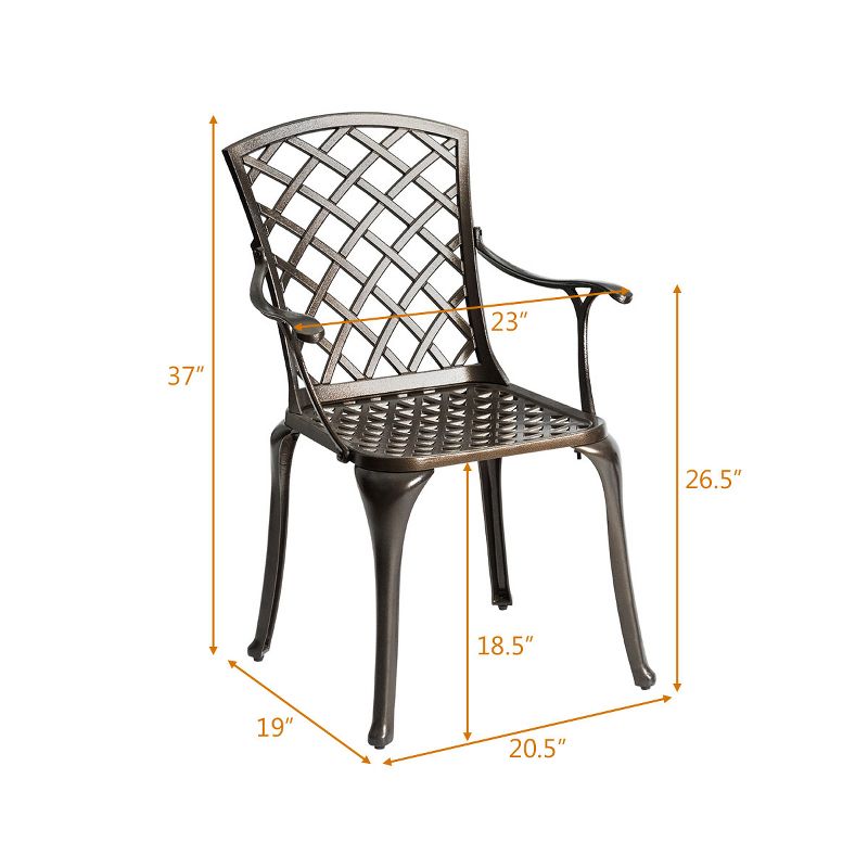 Costway Outdoor Cast Aluminum Arm Dining Chairs Set of 2 Patio Bistro Chairs, Brown, 2 of 11