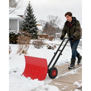 TackView Snow Shovel with Wheels, Heavy Duty Double Rod Wheeled Snow Pusher with Metal Blade, for Driveway Sidewalk Yard - 1 of 4