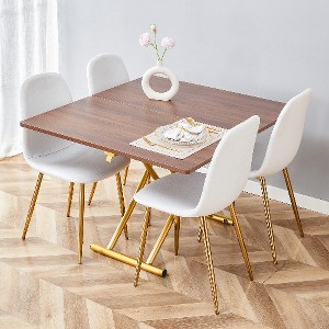 Lyngins 5-Piece Modern Lift Table Set – White Textured Sticker MDF Desktop, Golden Metal Legs & 4 Chairs, Multifunctional Coffee/Dining/Bar Table Set - 1 of 4