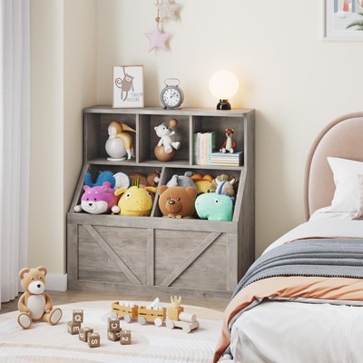 Kids Bookshelf and Toy Storage, Wooden Toy Storage Organizer, 2-Tier Toddler Bookcase with 3 Cubbies & 2 Bins for Playroom, Nursery, Washed Grey
