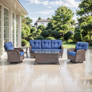 Belord 5 Pieces Patio Furniture Set with 5" Thick Cushions, Wicker Patio Set with Swivel Gliding Rocker Chairs, Sofa, Coffee Table and Accent Table - 1 of 4
