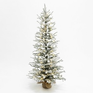 LuxenHome 4Ft Pre-Lit Snow-Flocked Artificial Christmas Tree with Warm White Lights & Burlap Base Green - 1 of 4