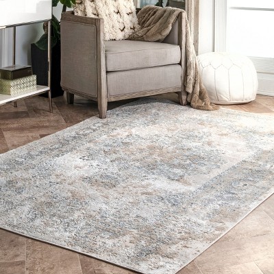 Silver and Beige Oriental Synthetic 4' x 6' Area Rug