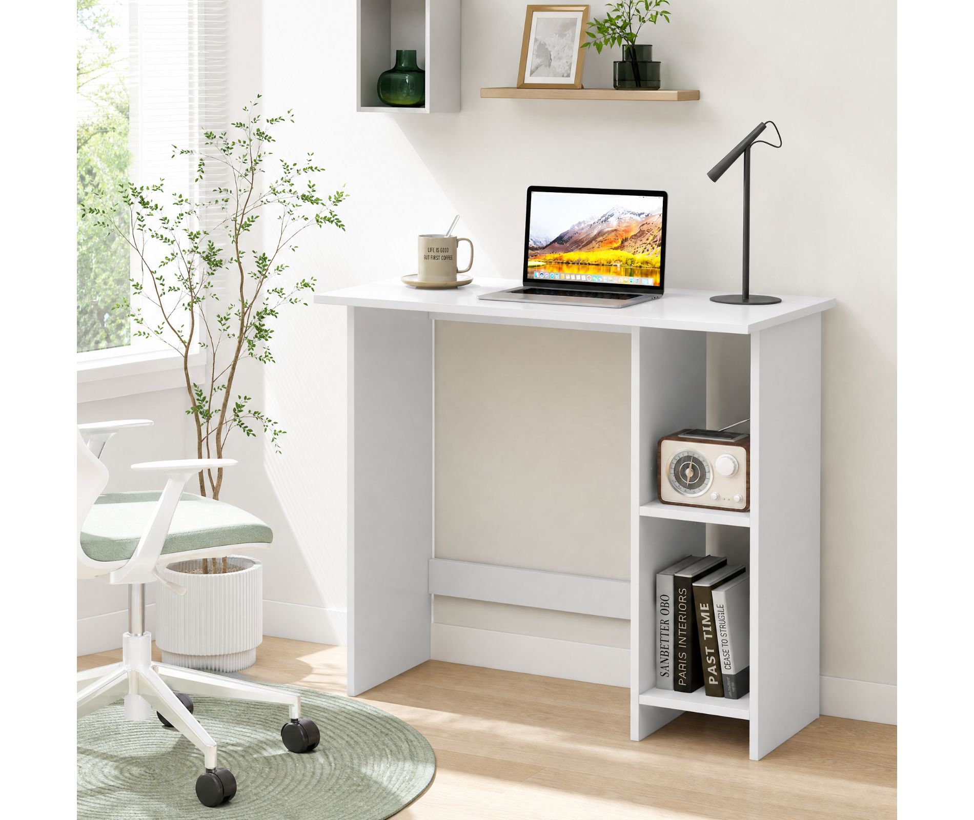 Small White Desk with Storage Shelves Adjustable Vanity Table for Bedroom Office