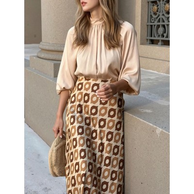 High Low Hem Flowy Skirt Brown Abstract Circles & Slit Design