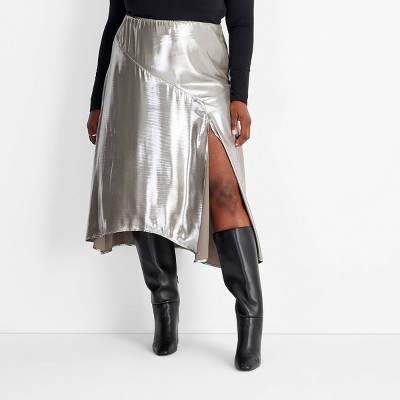 Women's Holiday Flowy Satin Midi Skirt - Future Collective Silver 2X