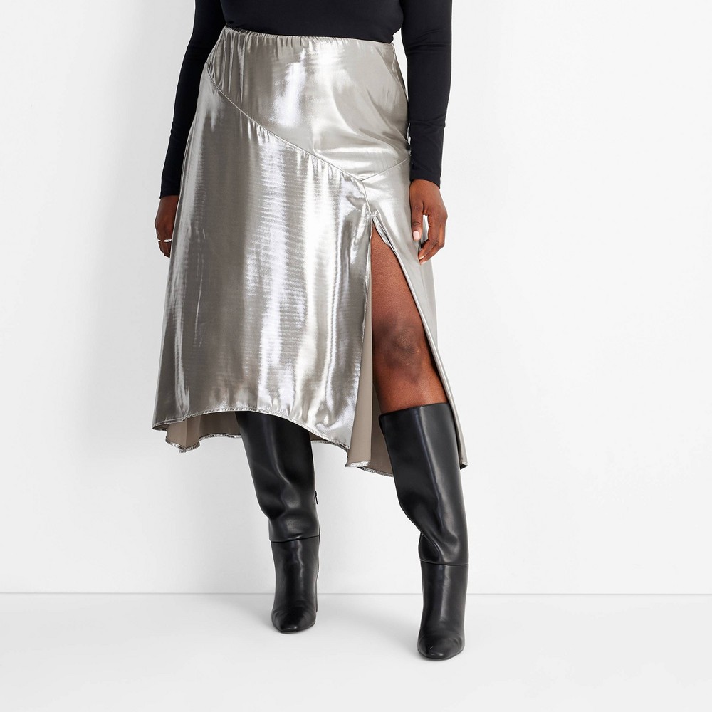 Women's Holiday Flowy Satin Midi Skirt - Future Collective Silver XXL