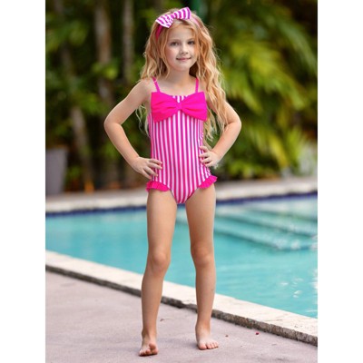 Mia Belle Girls Seaside Stripes Pink Bow One-Piece Swimsuit Mia Belle Girls, Pink, 4/5 — фото 3