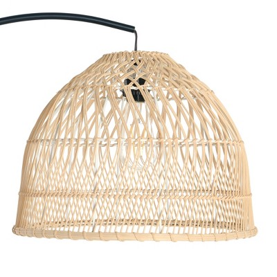 78" Black Metal Arc Floor Lamp with Marble Base and Rattan Shade