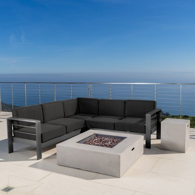 Christopher Knight Home Cape Coral Outdoor Aluminum 5 Seater Sectional Sofa Chat Set with 50000 BTU Fire Pit