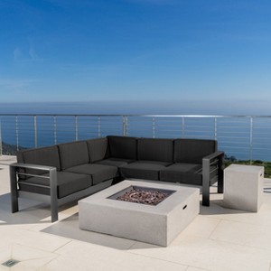 Christopher Knight Home Cape Coral Outdoor Aluminum 5 Seater Sectional Sofa Chat Set with 50000 BTU Fire Pit - 1 of 4