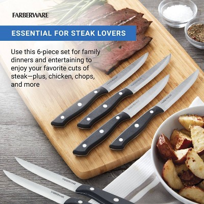 Farberware 6pc Steak Knife Set: Stainless Steel Blades, Black Plastic Handles, Hand Wash, Lifetime Limited Warranty - Thumbnail 5