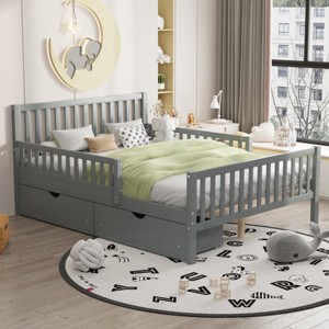 Full Size Wood Platform Bed, Bed with Guardrails on Both Sides and Two Storage Drawers, Modern Design Bed with Pinewood Frame-Baofuwish - 1 of 4