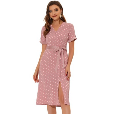 Allegra K Women's V Neck Polka Dots Button Decor Split Belted Dress