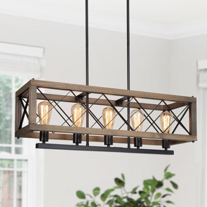 LNC Lucia Modern Farmhouse Rectangle  Kitchen Island Pendant  Lights, Matte Black and Brown Wood,3/4/5Light,24in/27.5in/32in - 1 of 4