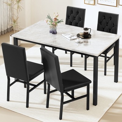 Hooseng 5-Piece Dininng Room Table Set with 4 Uphosltered Dining Chairs, Faux Marble Table Top and Metal Frame Space-Saving Dining Table Set for 4