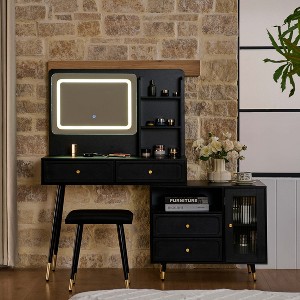 APRILSOUL Modern Makeup Vanity Desk with Mirror and Lights, Retractable Dressing Table with Drawers and Cabinet Black - 1 of 4