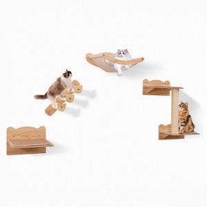 Costway Cat Wall Shelves 4-Piece Wall Mounted Cat Playground w/ 2-step Cat Tree Wooden Cat Climber Furniture Set - 1 of 4