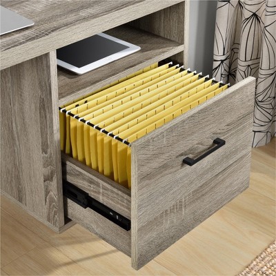 Distressed Gray Oak Writing Desk with Drawer and Filing Cabinet