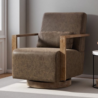 30.3" Faux Leather Modern Swivel Accent Chair with Solid Wood Armrests