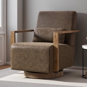 30.3" Faux Leather Modern Swivel Accent Chair with Solid Wood Armrests - 1 of 4